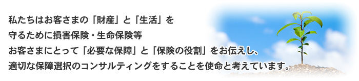 私たちはお客さまの「財産」と「生活」を守るために損害保険・生命保険等お客さまにとって「必要な保障」と「保険の役割」をお伝えし、適切な保障選択のコンサルティングをすることを使命と考えています。